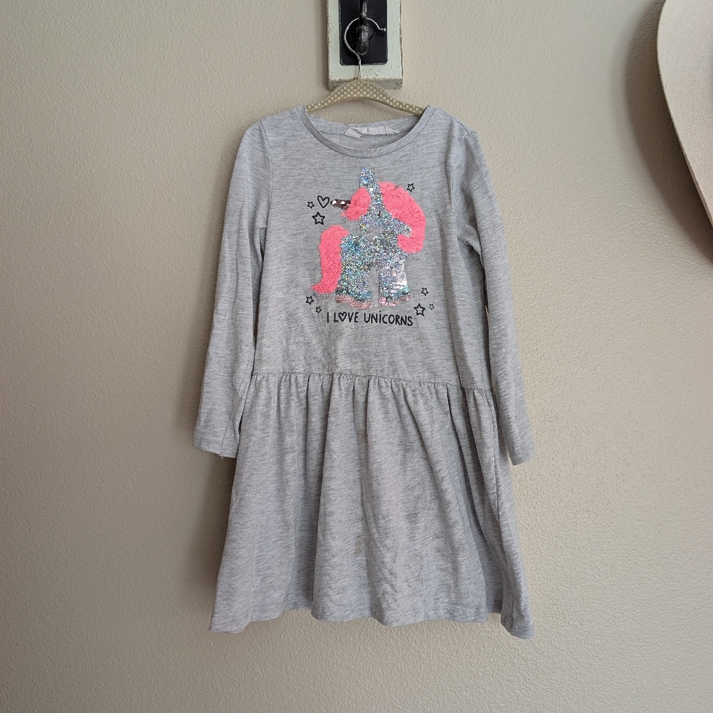 H&M I Love Unicorns Flip Sequin Dress Gray Tee Fabric Size 5 Girls Small